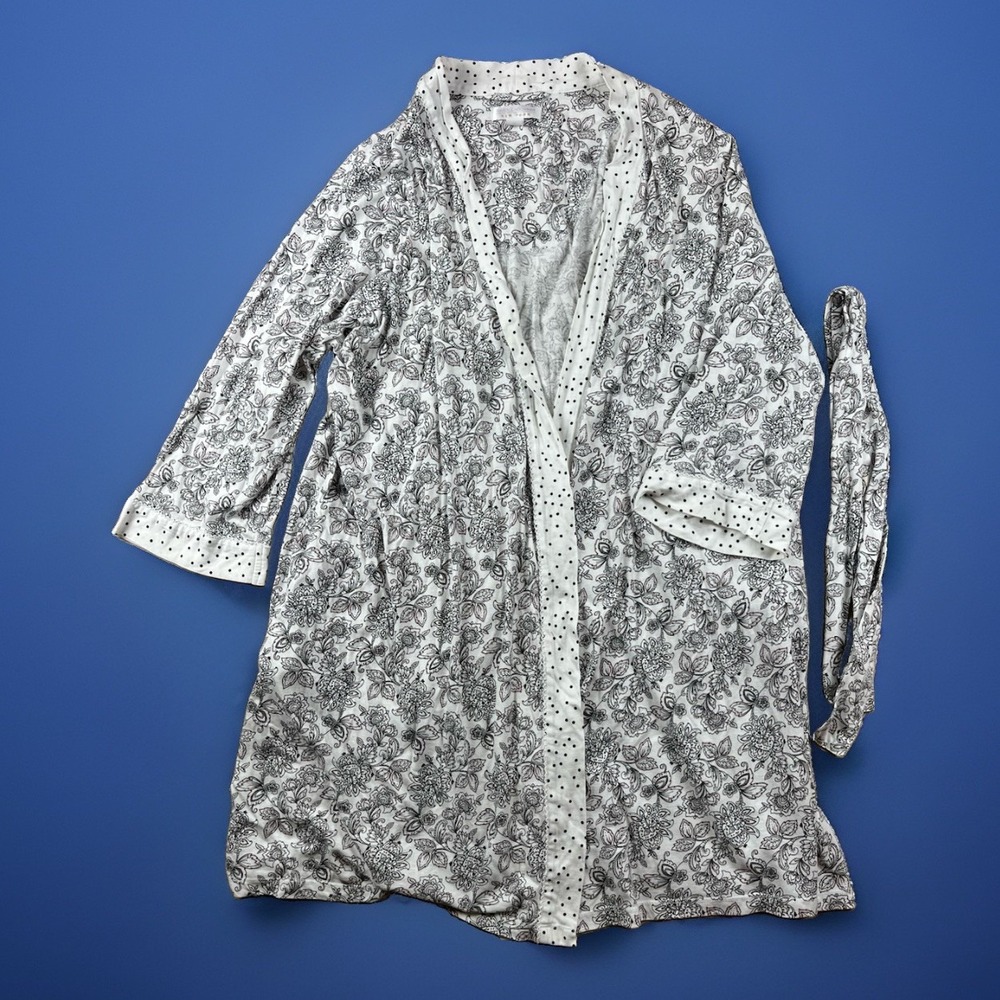Carole Hochman Robe Women's Size 1X White With Black Floral Print Pockets